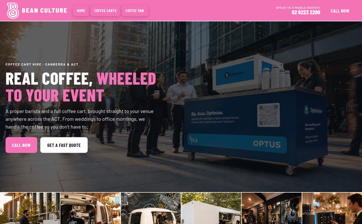 Bean Culture coffee cart hire website preview