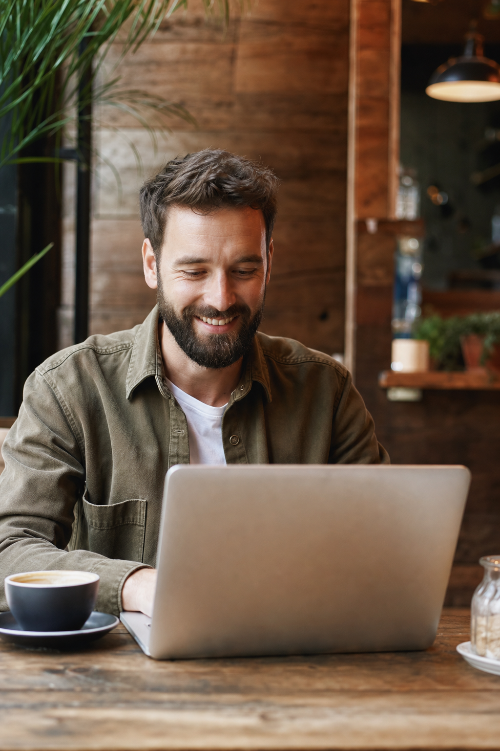 Partner working on a laptop in a café